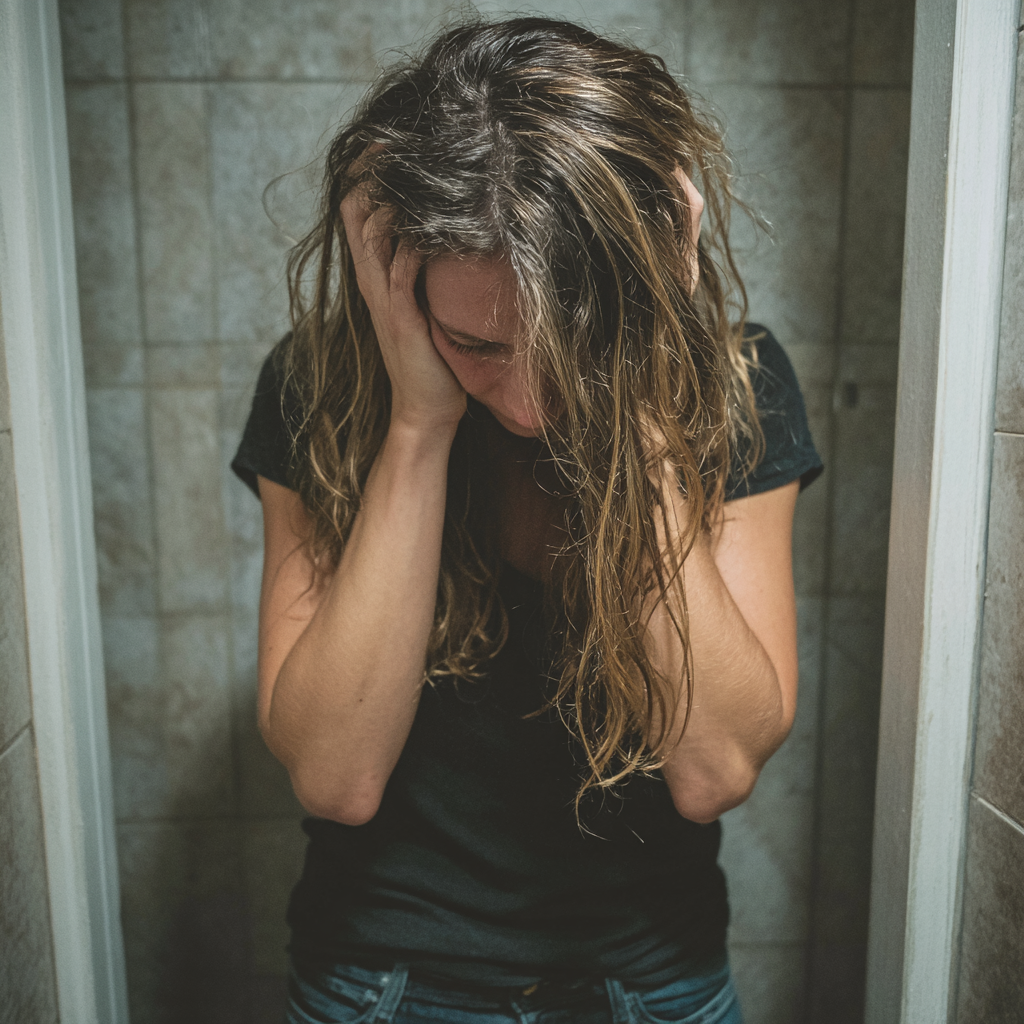 Eine emotionale Frau in einem Badezimmer | Quelle: Midjourney