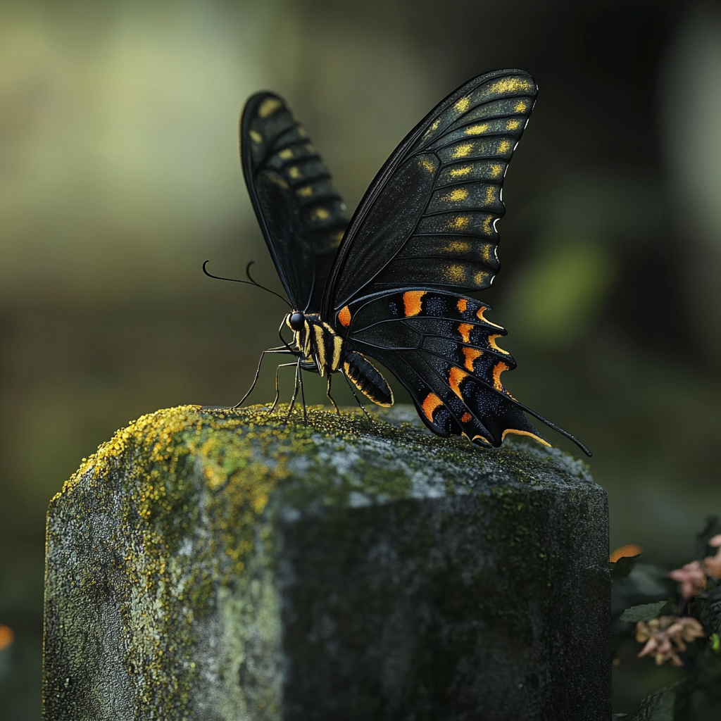 Ein Schmetterling auf einem Grabstein | Quelle: Midjourney