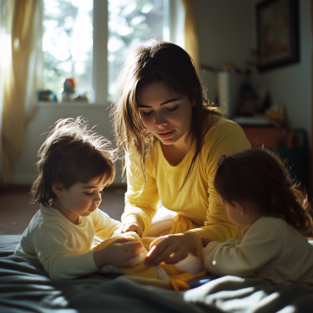 Eine Frau, die ihre Kinder beschäftigt | Quelle: Midjourney