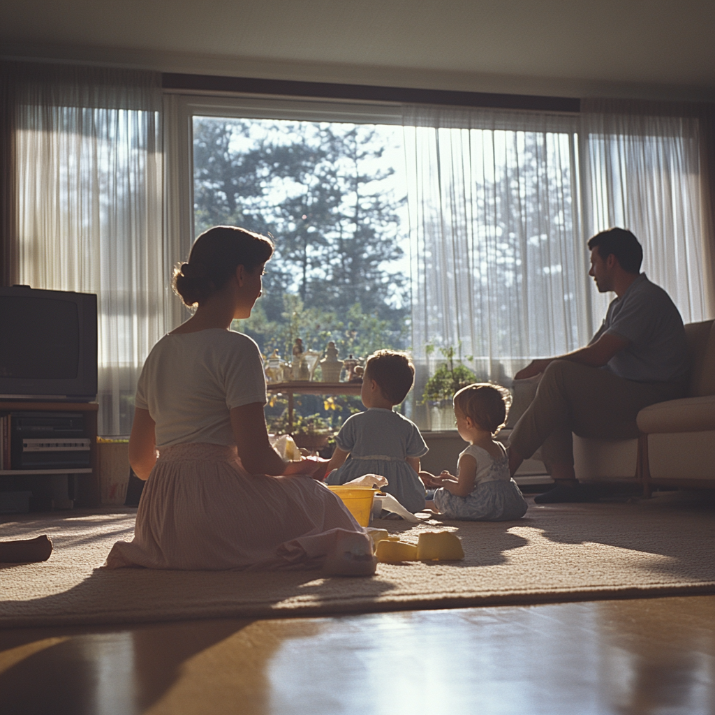 Eine unglückliche Frau putzt ihr Haus, während ihre Kinder spielen und ihr Mann auf der Couch sitzt | Quelle: Midjourney