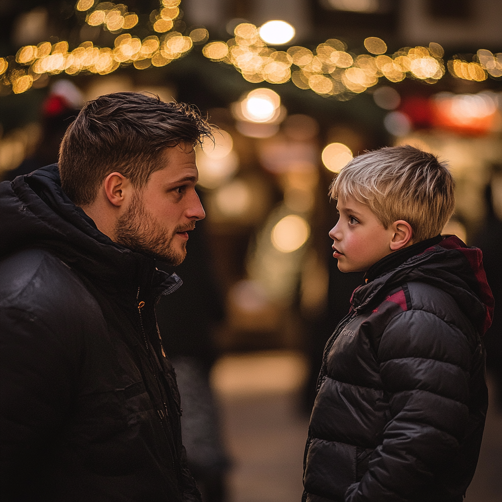 Ein lächelnder Mann im Gespräch mit einem kleinen Jungen | Quelle: Midjourney