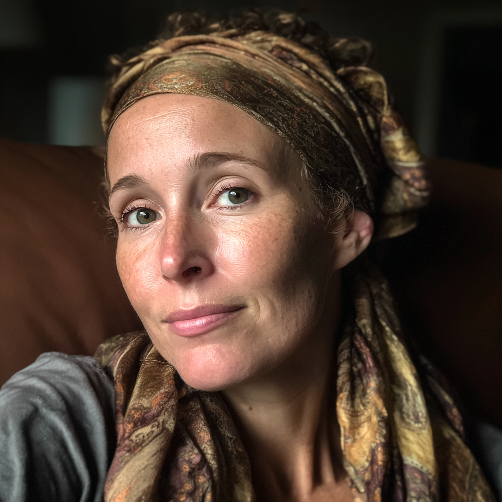 Eine Frau, die auf einer Couch sitzt und einen Seidenschal trägt | Quelle: Midjourney