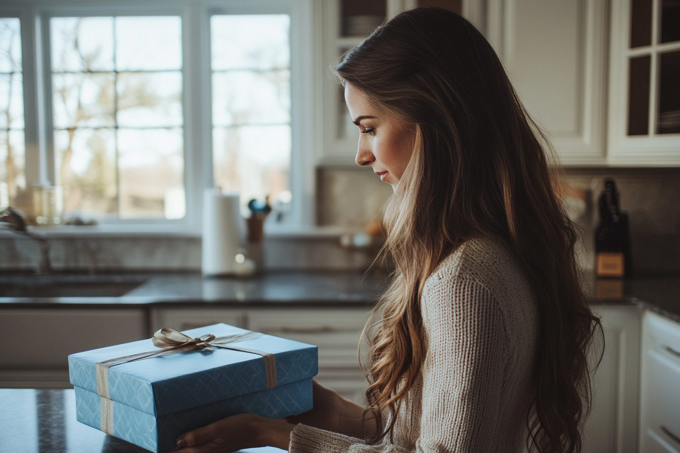 Eine Frau mit einer blauen Geschenkbox | Quelle: Midjourney