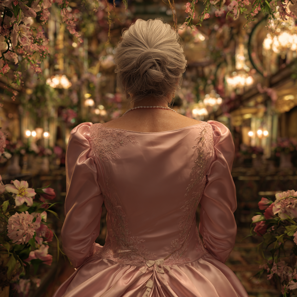 Eine ältere Frau in einem rosa Satinkleid | Quelle: Midjourney