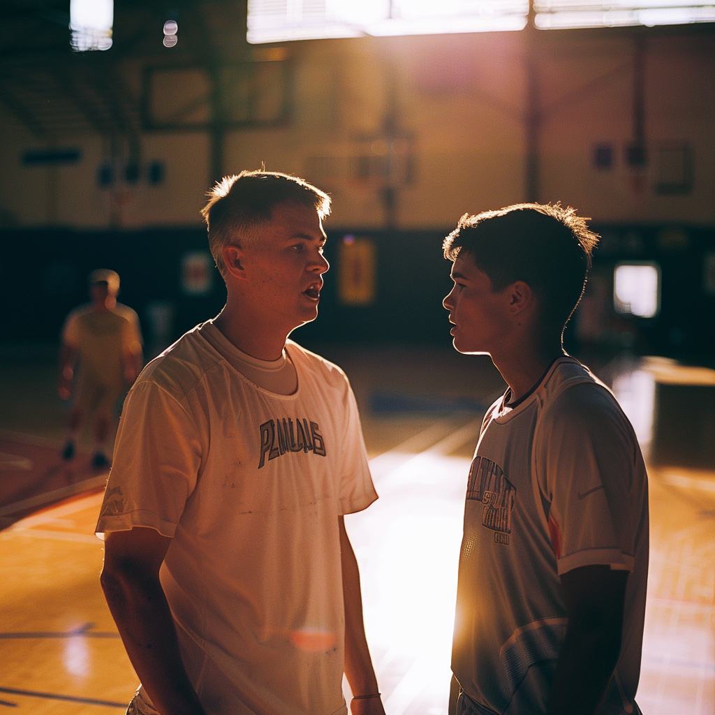 Coach Daniels schimpft mit Ethan beim Basketballtraining | Quelle: Midjourney