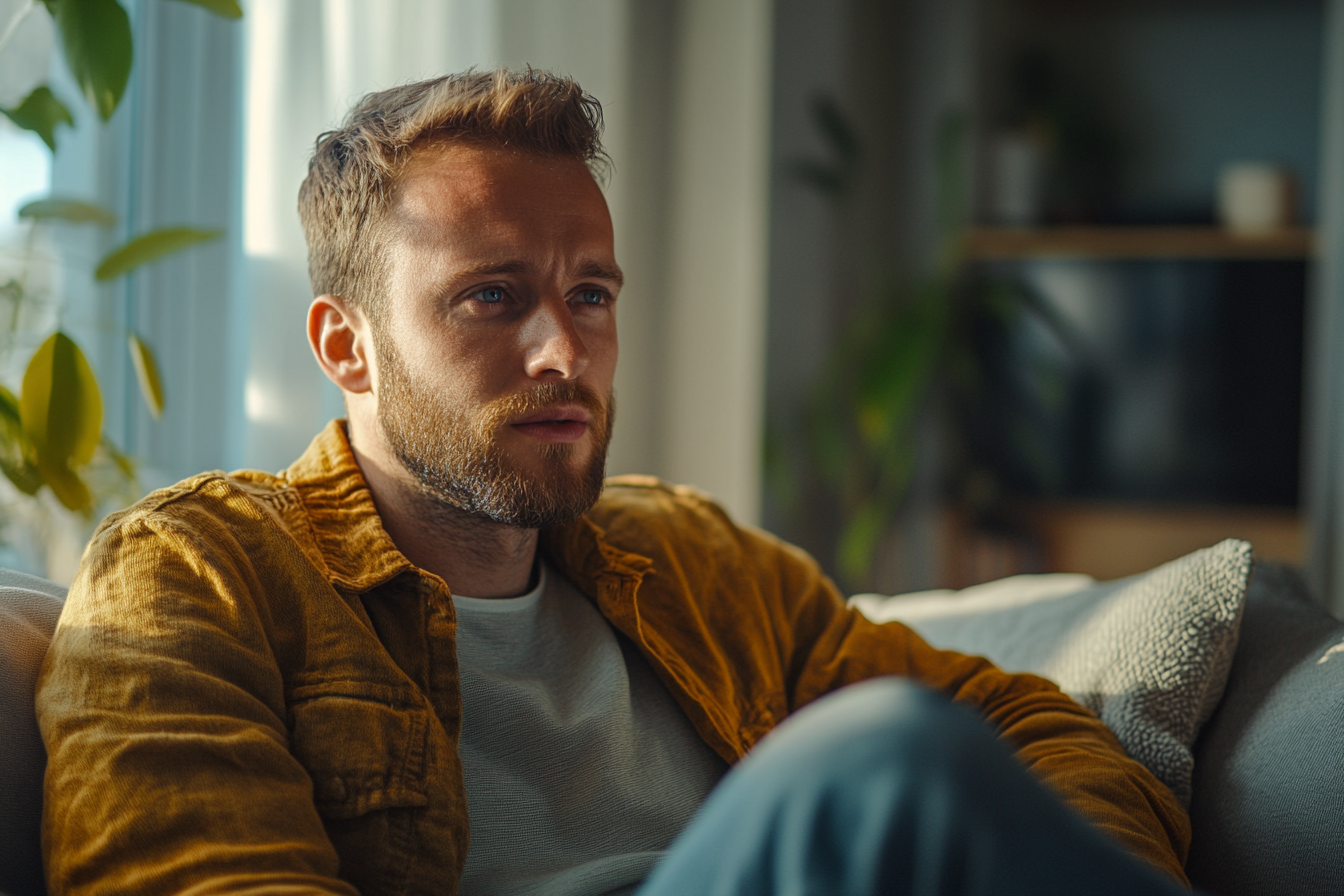 Ein Mann sitzt auf einer Couch | Quelle: Midjourney