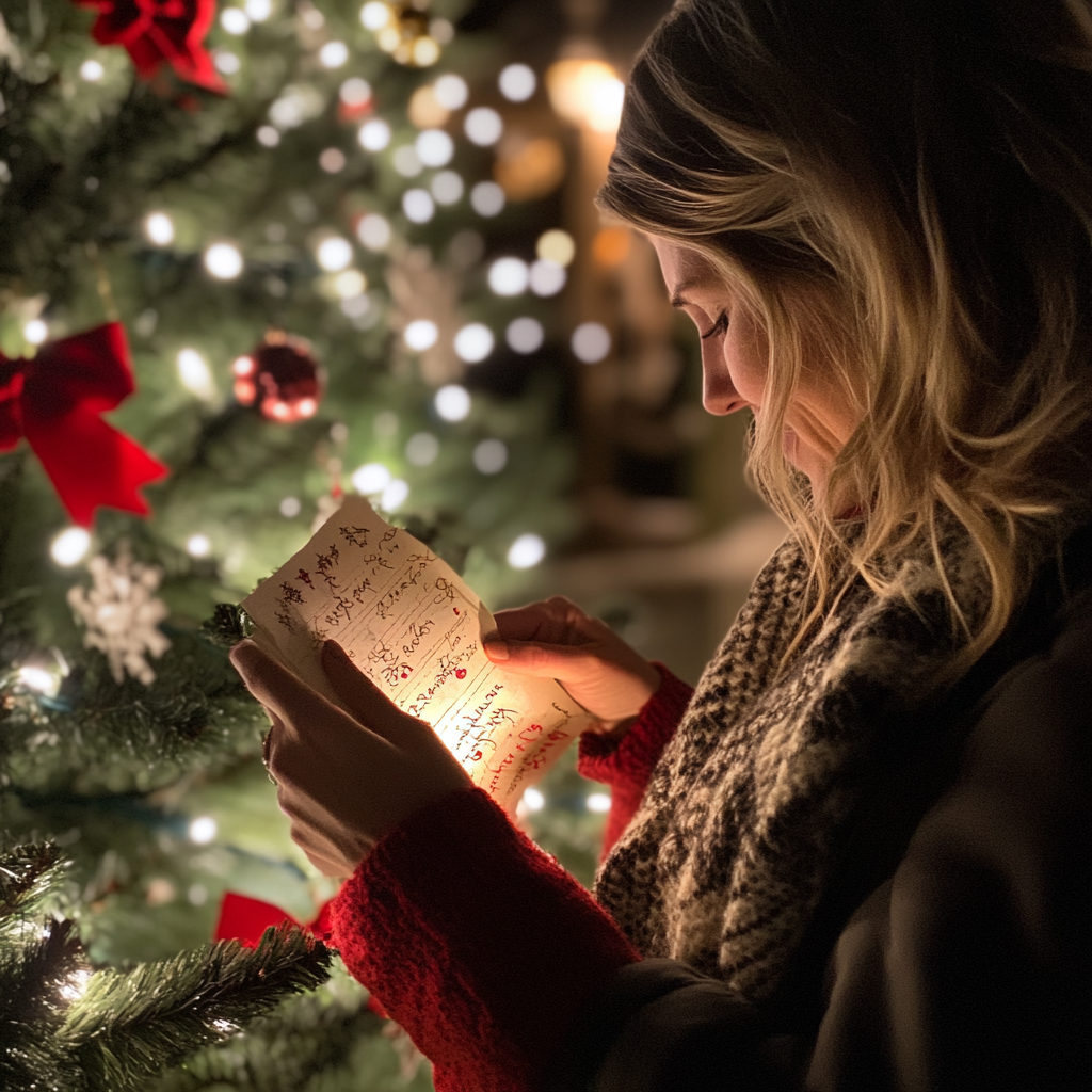 Frau liest einen Zettel neben einem Weihnachtsbaum | Quelle: Midjourney