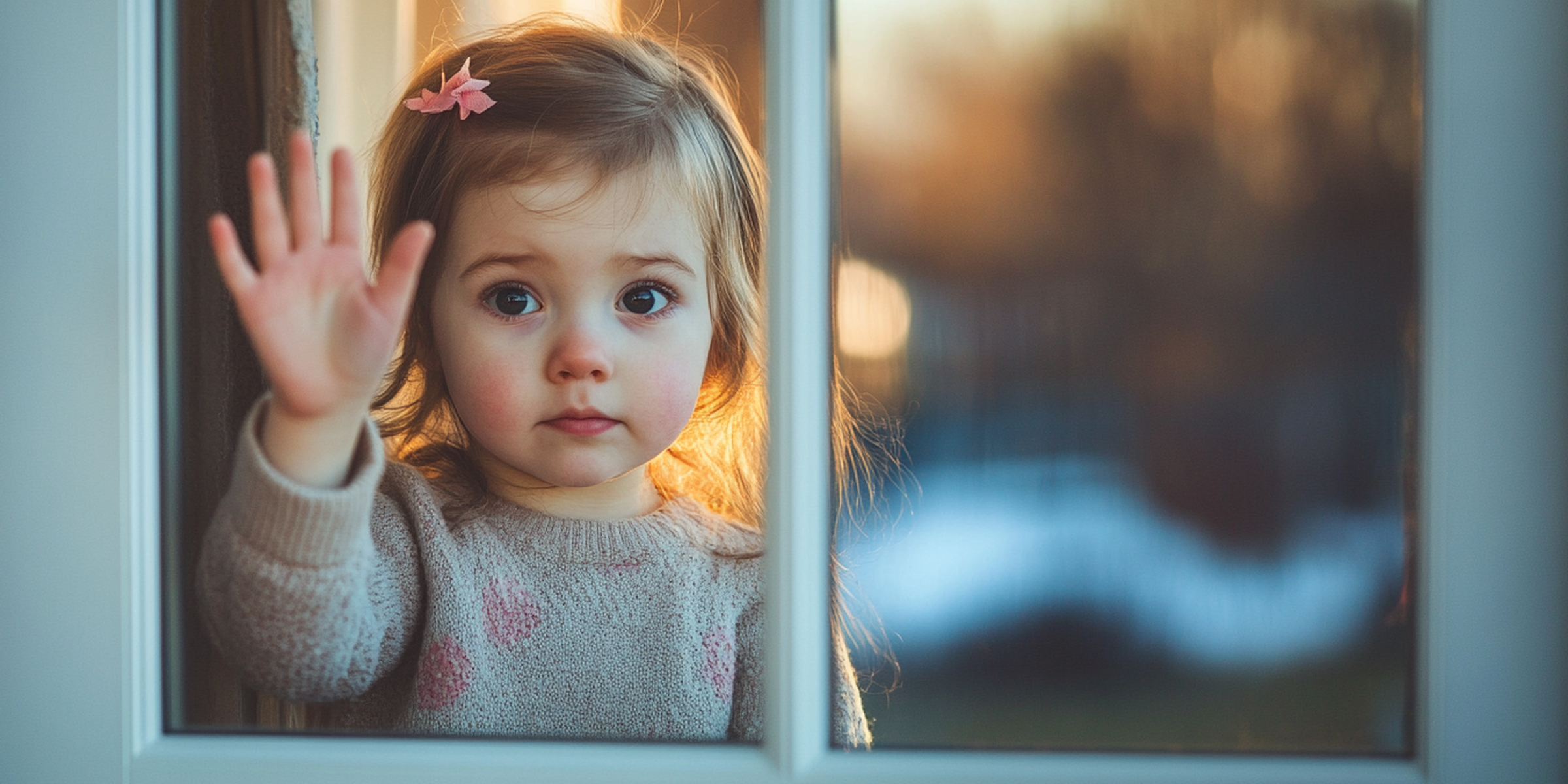 Ein kleines Mädchen, das am Fenster steht und mit der Hand winkt | Quelle: AmoMama