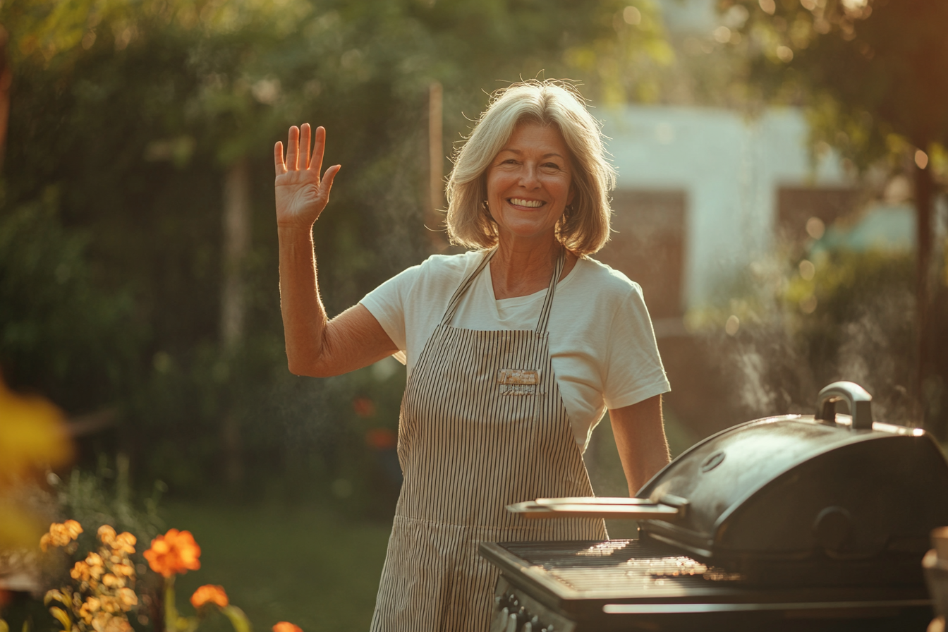 Eine Frau in der Nähe eines Grills winkt | Quelle: Midjourney