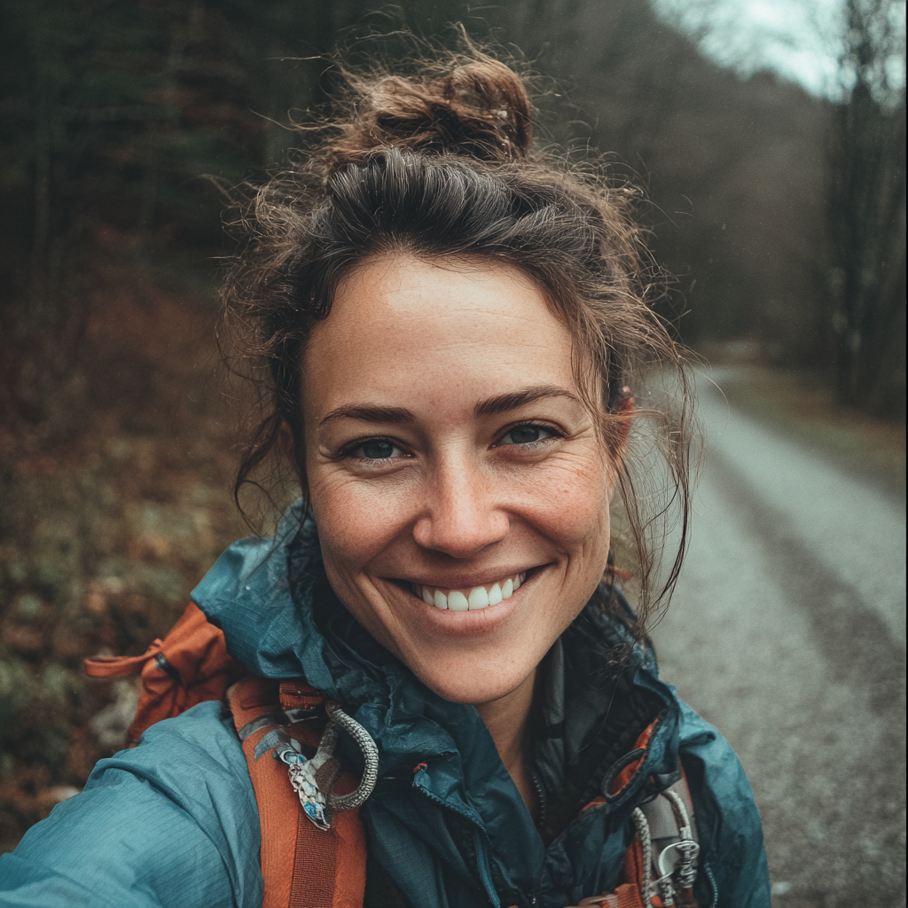 Eine lächelnde Frau auf einem Wanderweg | Quelle: Midjourney