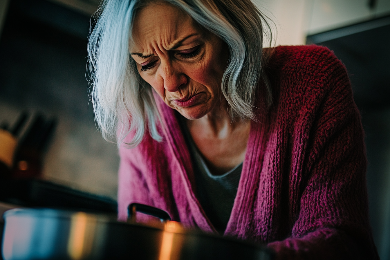 Mulher na faixa dos 50 anos olhando com desgosto para uma panela no fogão na cozinha | Fonte: Midjourney