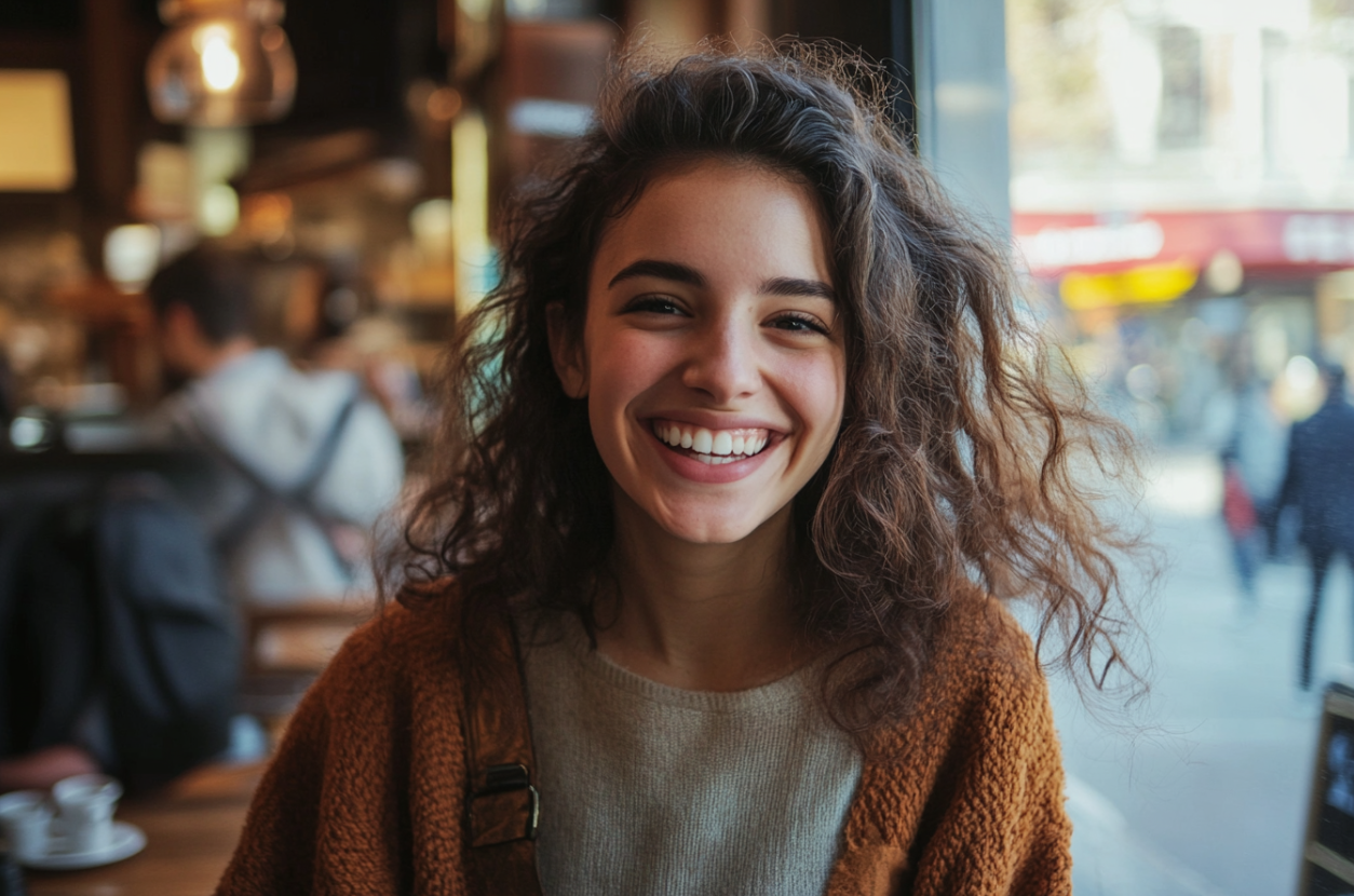 Eine lächelnde Frau in einem Cafe | Quelle: Midjourney