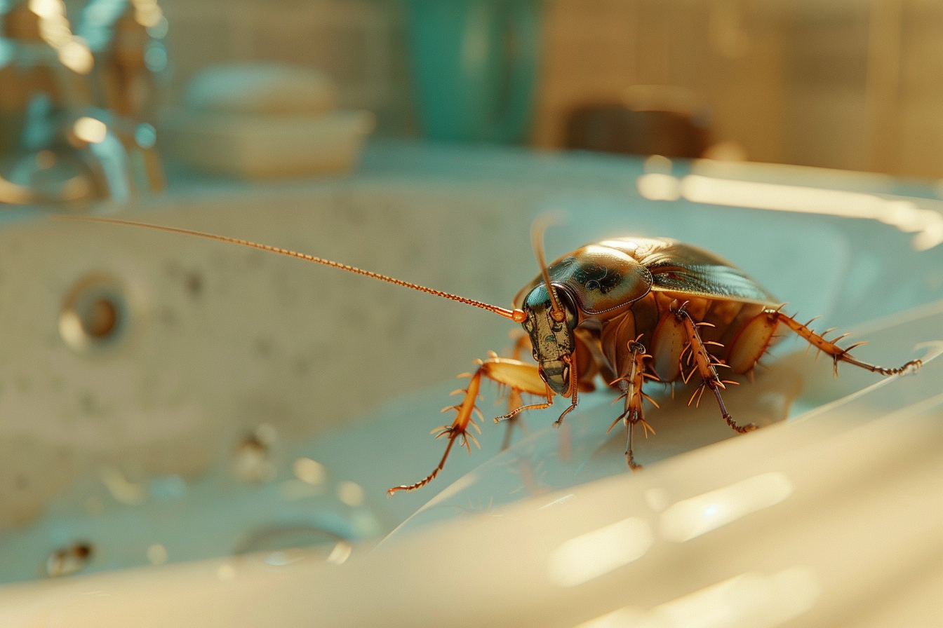 Nahaufnahme einer Kakerlake auf einem Waschbecken im Badezimmer | Quelle: Midjourney