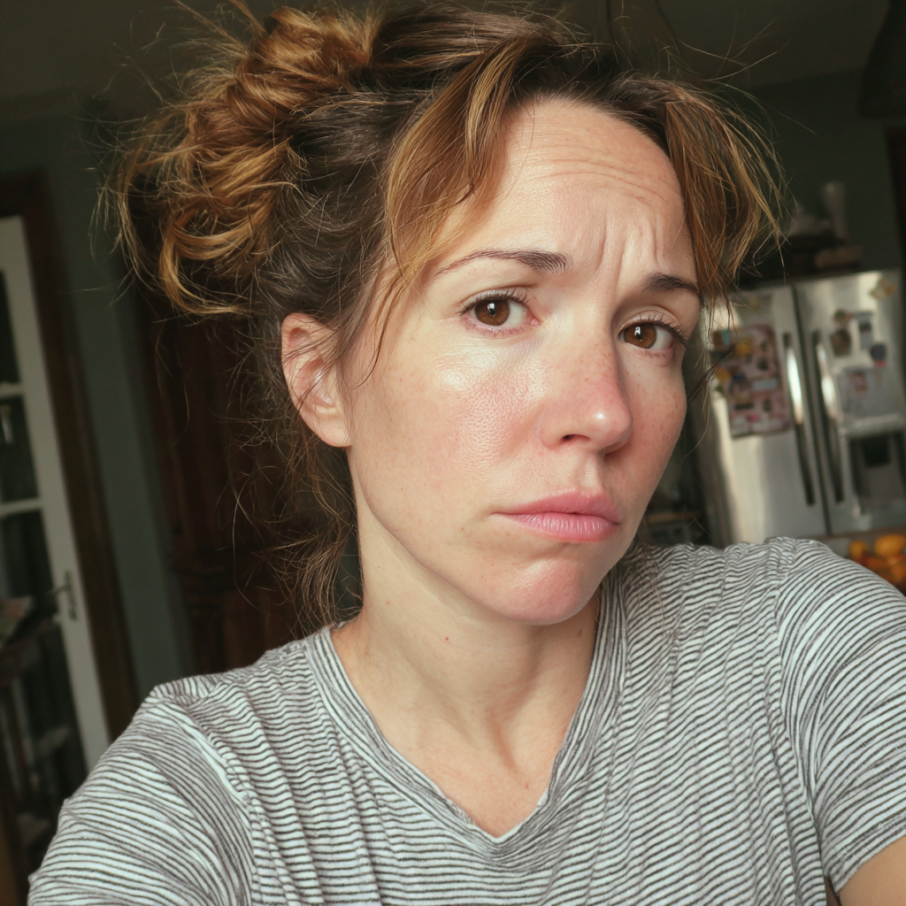 Wyczerpana kobieta z niechlujnym kokiem | Źródło: Midjourney