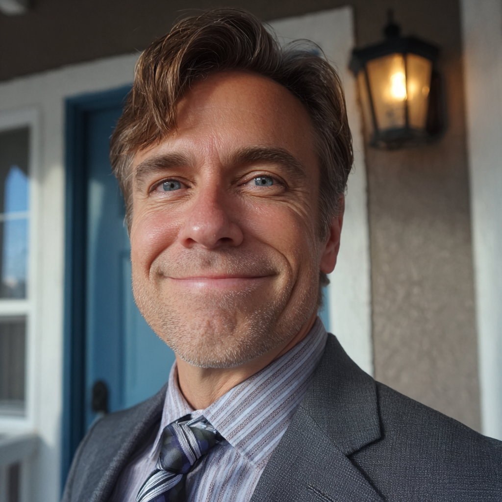 Uśmiechnięty mężczyzna stojący na ganku | Źródło: Midjourney