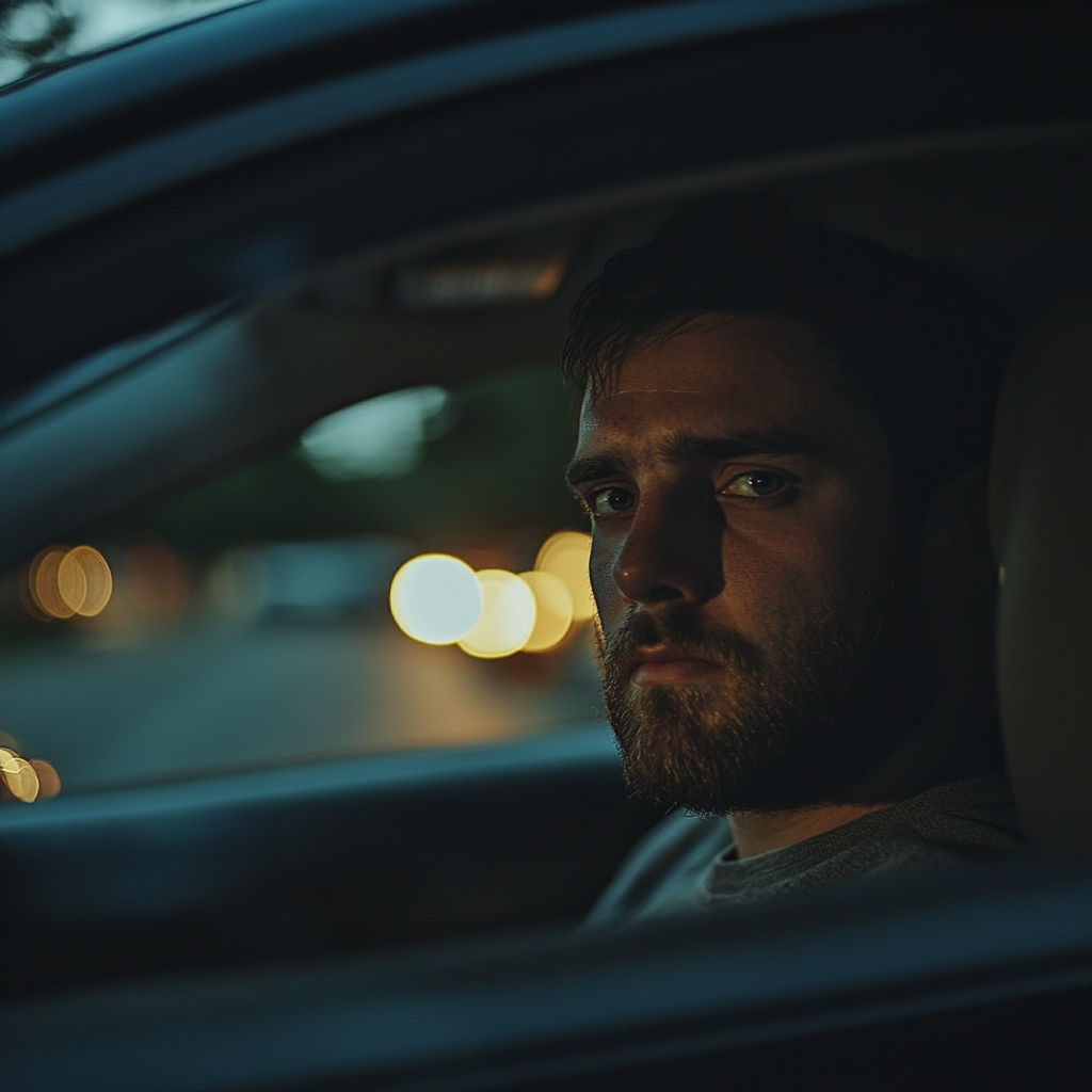 Ein trauriger Mann sitzt in seinem Auto | Quelle: Midjourney