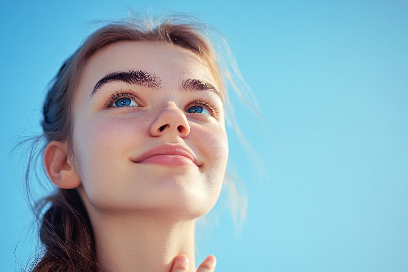 Eine Frau lächelt, während sie in den Himmel starrt | Quelle: Midjourney