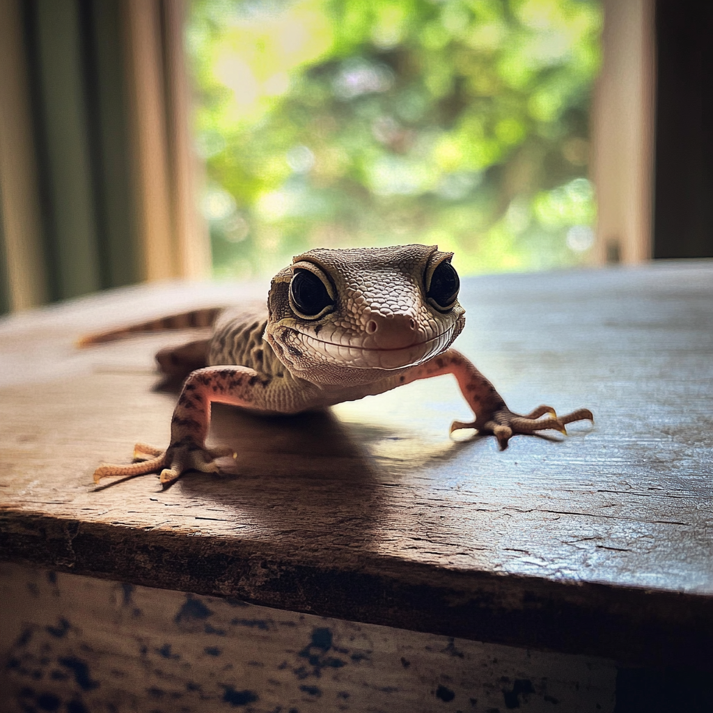 Ein Gecko als Haustier auf einem Tisch | Quelle: Midjourney