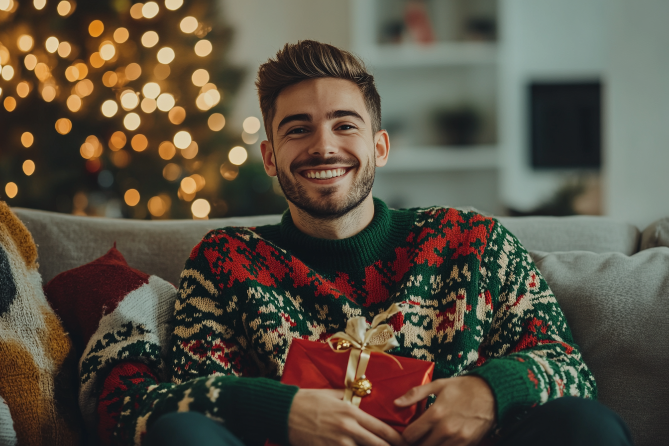 Um homem feliz sentado em uma sala de estar no Natal | Fonte: Midjourney