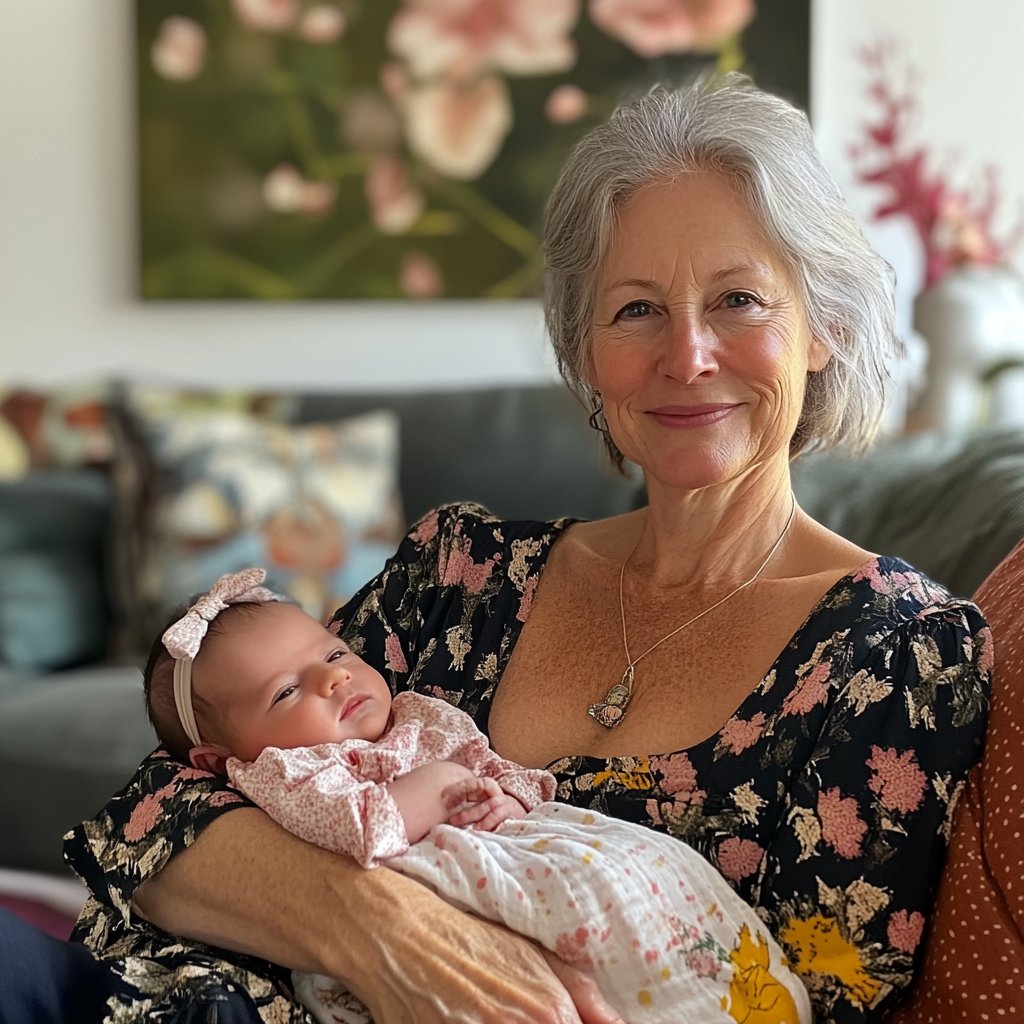 An elderly woman holds a newborn baby | Source: Midjourney