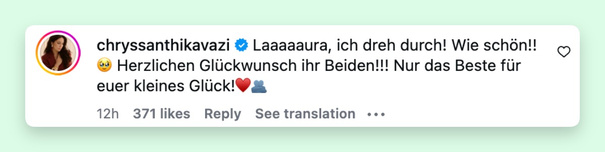 Chryssanthi Kavazi gratuliert den werdenden Eltern auf Instagram | Quelle: Instagram/laurawontorra