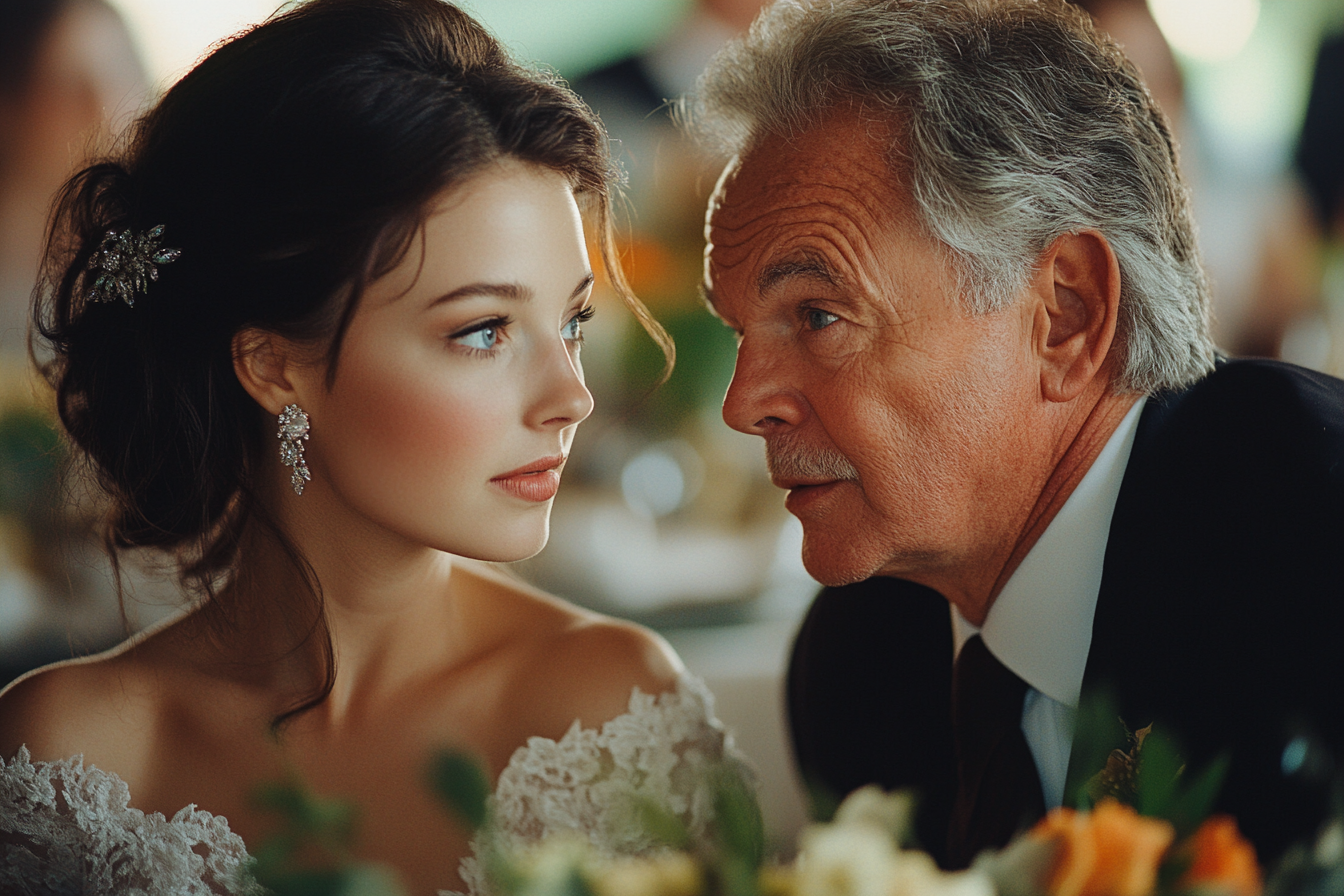 Enttäuschte Braut im Gespräch mit ihrem Vater | Quelle: Midjourney