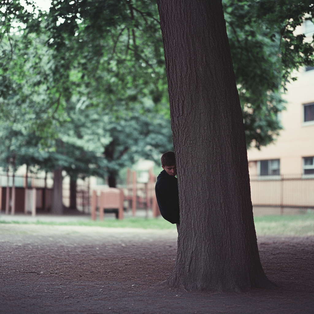 Ein Mann versteckt sich hinter einem Baum in der Nähe des Schulhofs | Quelle: Midjourney