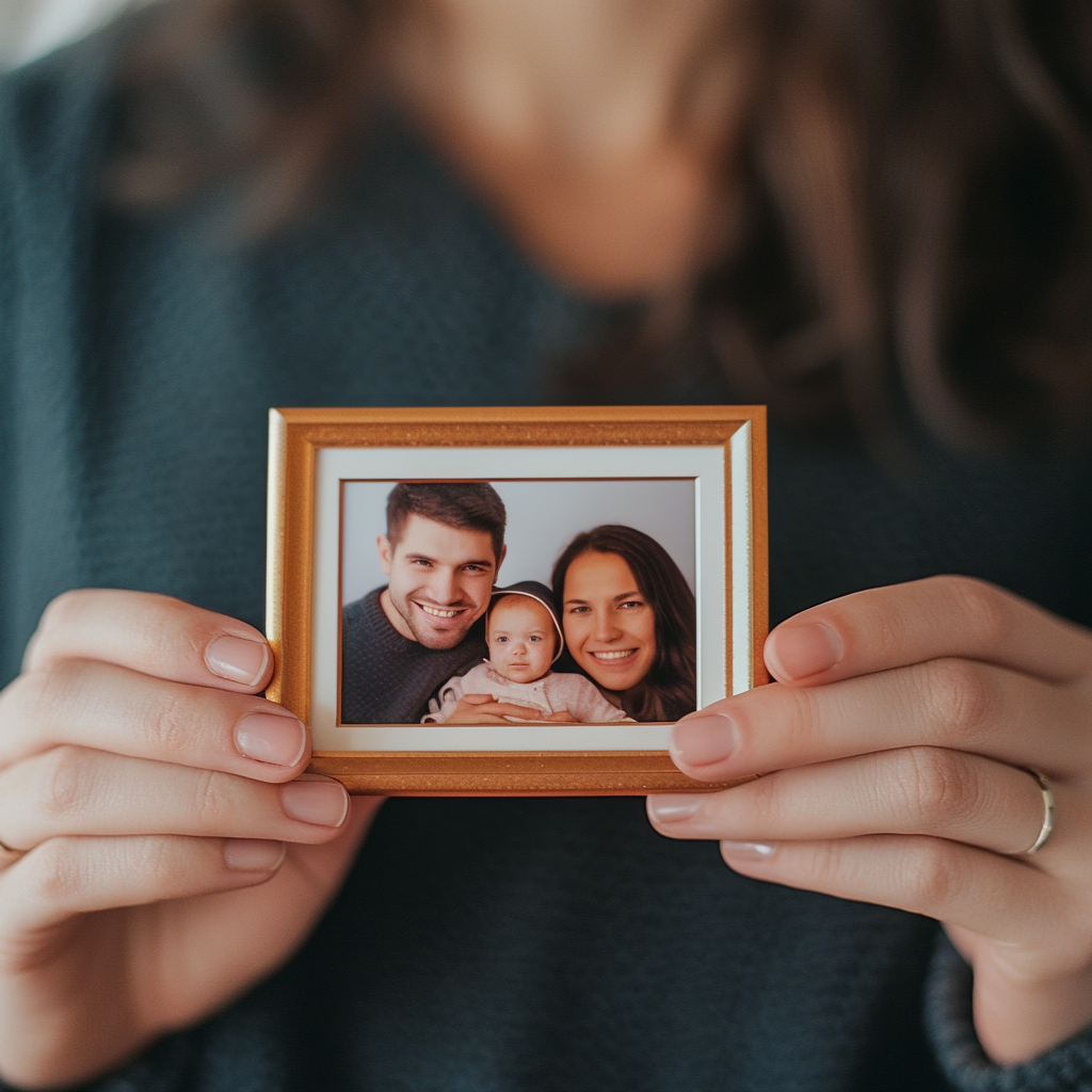 Jane hält ein gerahmtes Familienfoto | Quelle: Midjourney