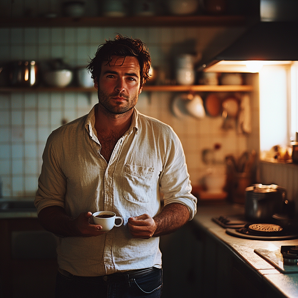 Ein müder Mann mit einer Tasse Kaffee in der Hand in der Küche | Quelle: Midjourney