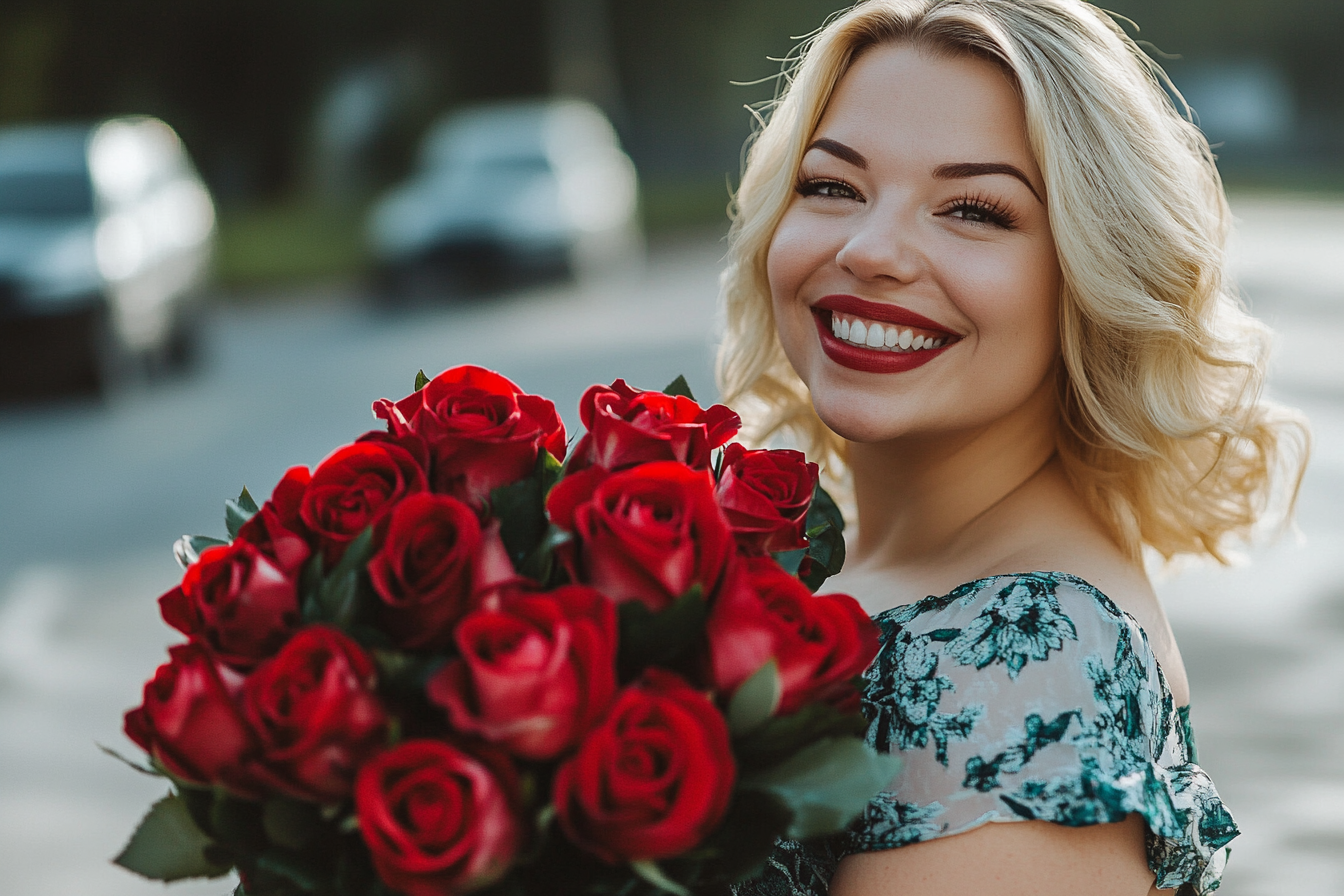 Eine lächelnde Frau hält einen Blumenstrauß | Quelle: Midjourney