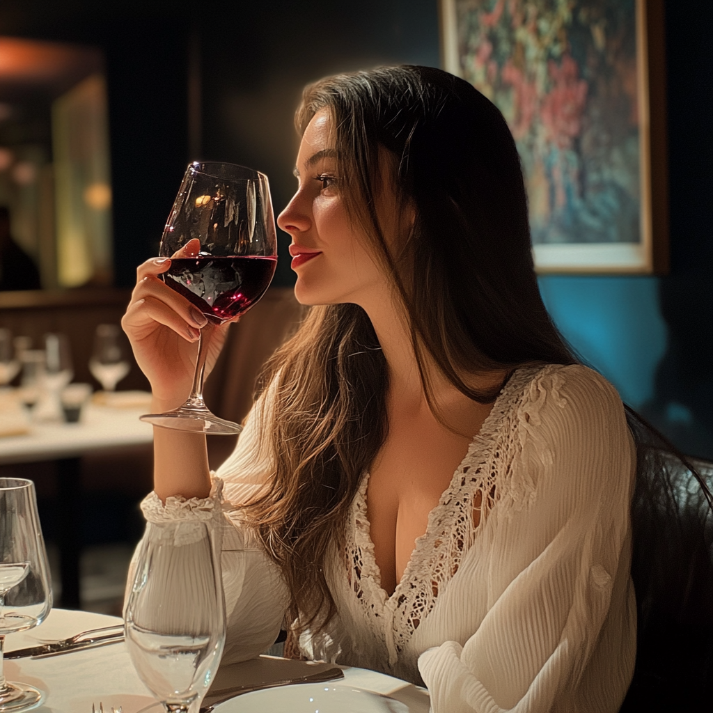 Eine Frau genießt ein Glas Wein in einem schicken Restaurant | Quelle: Midjourney