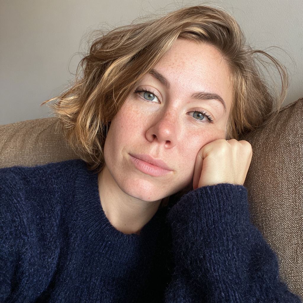 Eine Nahaufnahme einer Frau, die auf einer Couch sitzt | Quelle: Midjourney
