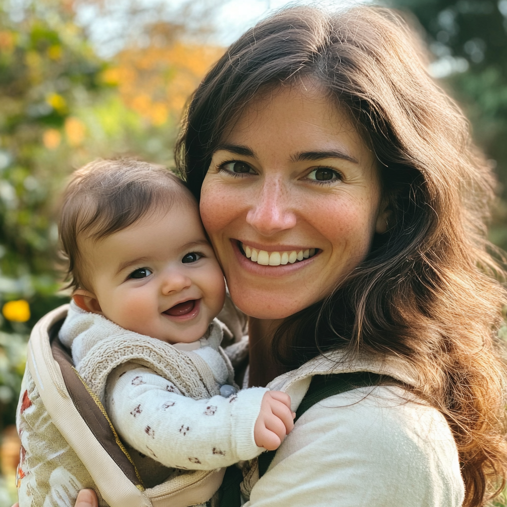 Eine lächelnde Frau und ihr Baby im Freien | Quelle: Midjourney