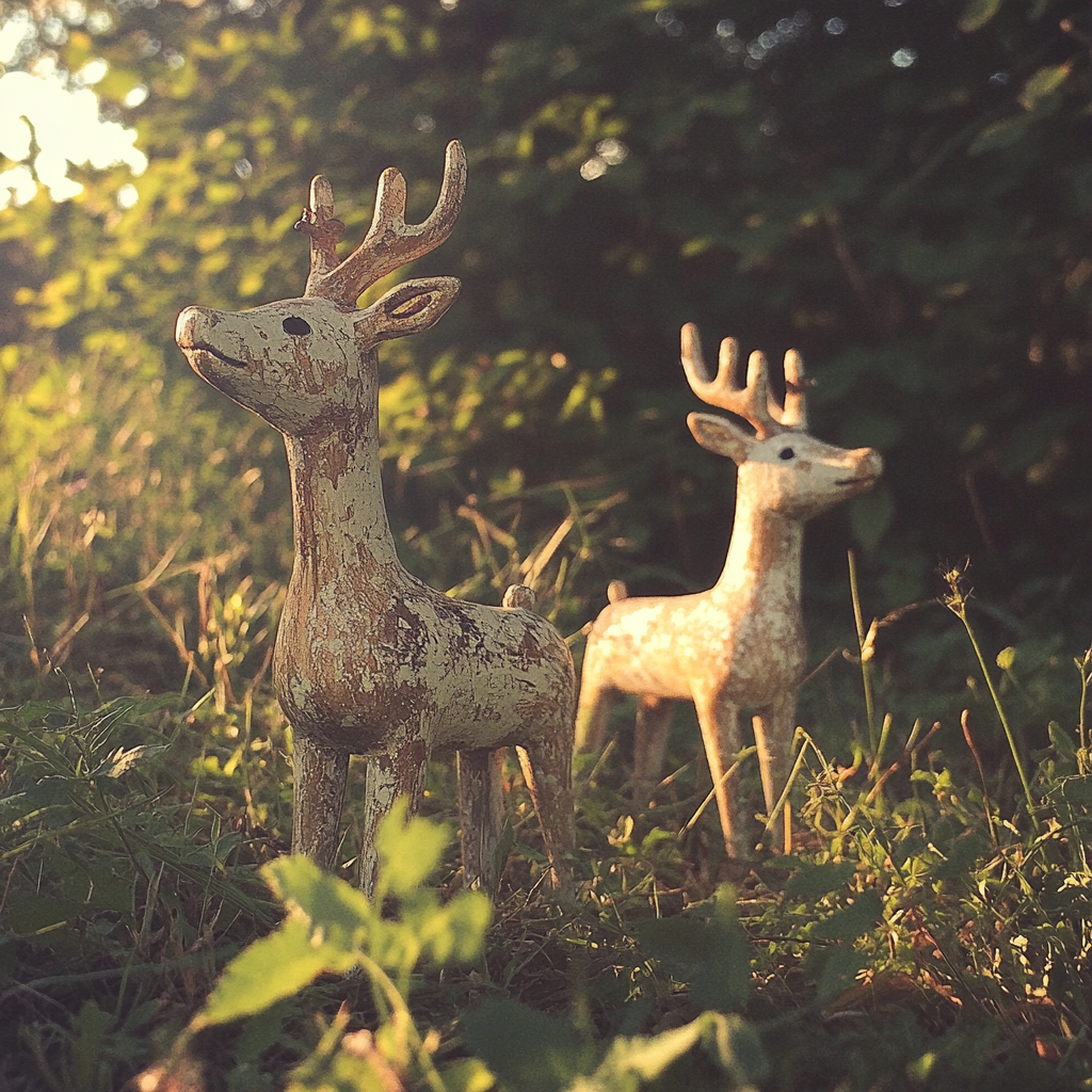 Rentiere aus Holz auf einer Wiese | Quelle: Midjourney