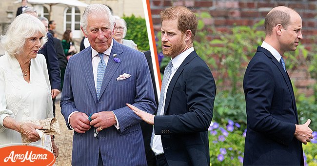 Prinz Charles und Camilla Parker Bowles am 14. Juli 2021 in London, England [links]. Die Prinzen Harry und William im Kensington Palast, London am 1. Juli 2021 [rechts] | Quelle: Getty Images