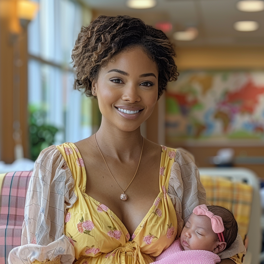 Linda hält ihre neugeborene Tochter im Arm | Quelle: Midjourney