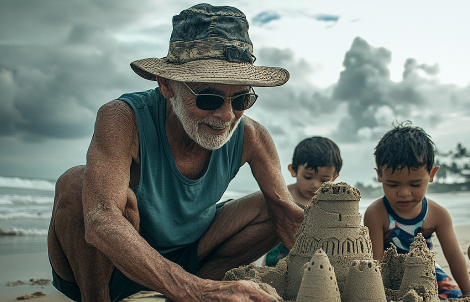 Ein älterer Mann baut mit einigen Kindern eine Sandburg | Quelle: Midjourney