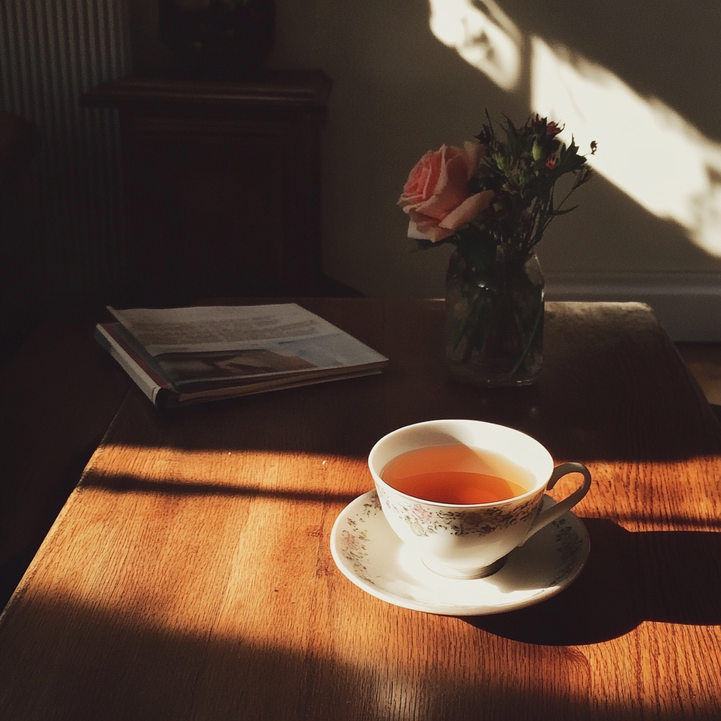 Eine Tasse Tee auf einem Kaffeetisch | Quelle: Midjourney