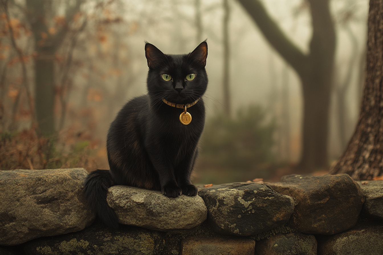 Eine schwarze Katze sitzt auf einer Steinmauer | Quelle: Midjourney