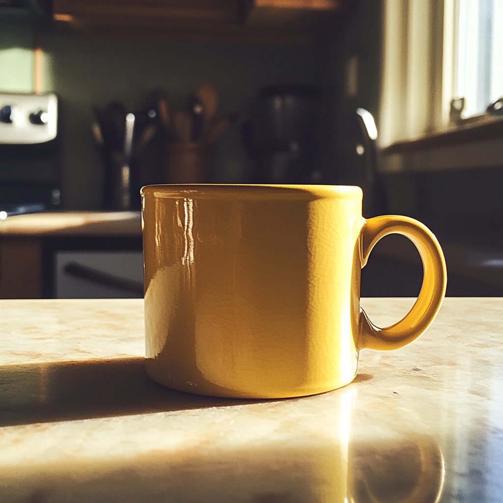 Ein gelber Becher auf einem Küchentisch | Quelle: Midjourney