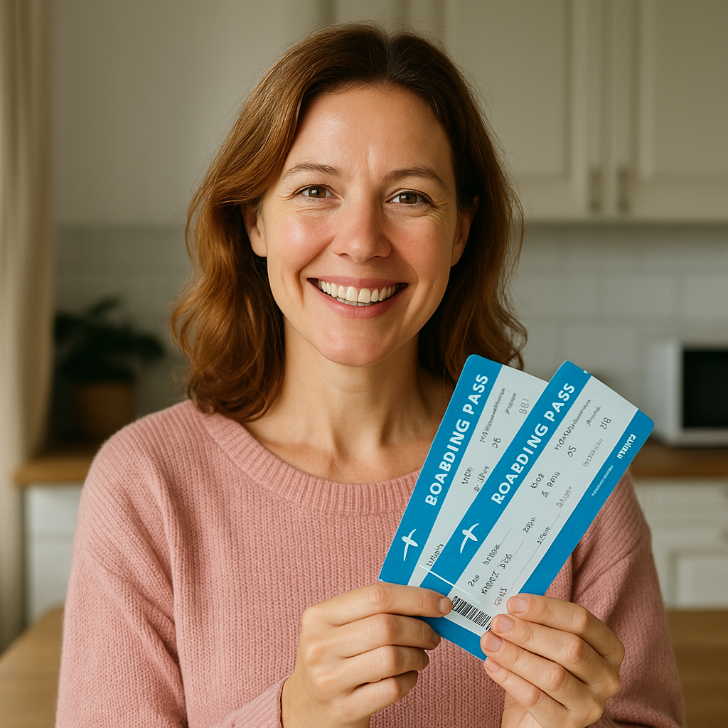 Eine Frau mit zwei Tickets lächelt | Quelle: Sora