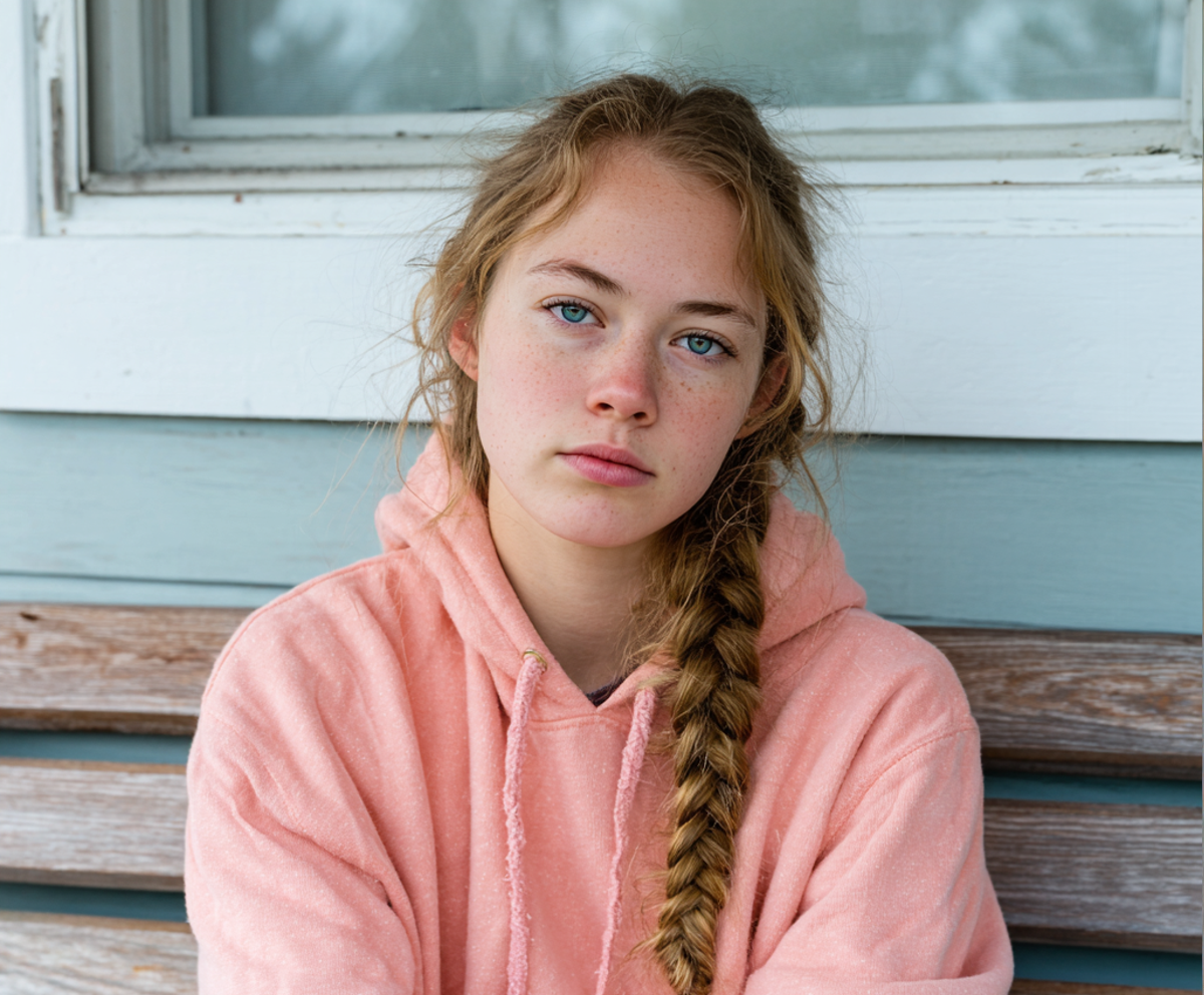 Eine Nahaufnahme einer aufgebrachten Teenagerin, die draußen sitzt | Quelle: Midjourney