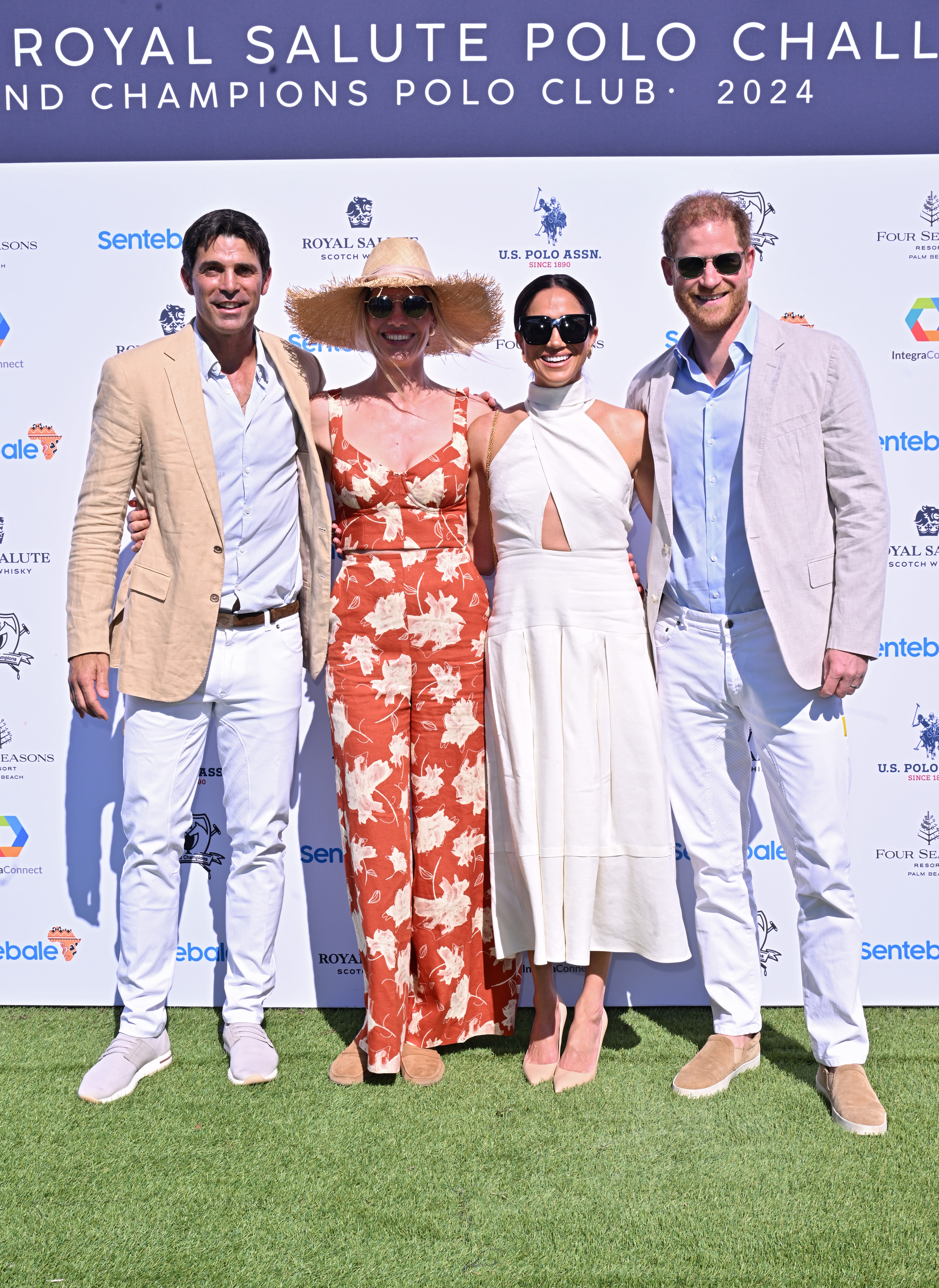 Meghan Markle und Prinz Harry mit ihren Freunden Nacho Figueras und Delfina Blaquier bei der Royal Salute Polo Challenge zugunsten von Sentebale in Wellington, Florida am 12. April 2024 | Quelle: Getty Images