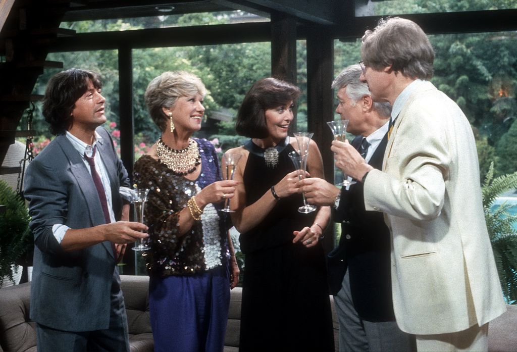 Herbert Herrmann, Maria Sebaldt, Thekla Carola Wied, Peter Weck, Herbert Bötticher, ZDF-Familien-Serie "Ich heirate eine Familie" am 19.05.1983 in Berlin | Quelle: Getty Images