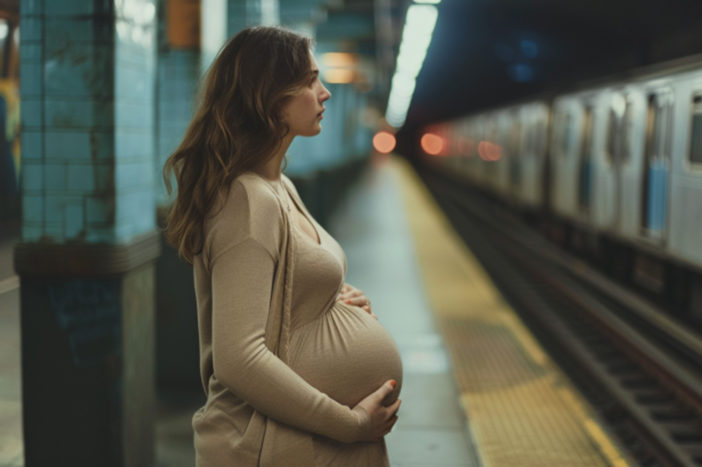 Eine hochschwangere Frau auf einem U-Bahn-Bahnsteig | Quelle: Midjourney