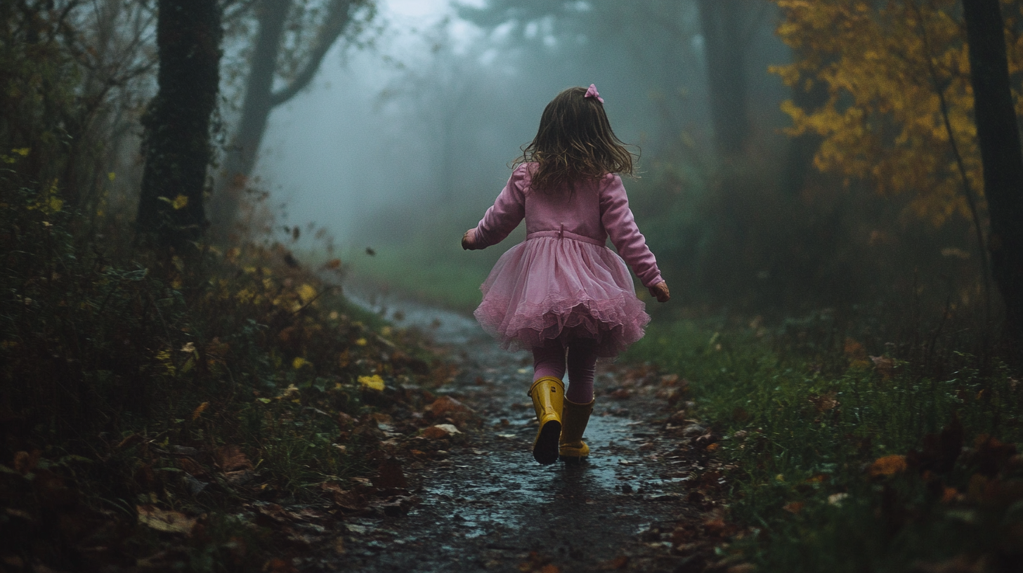 Kleines Mädchen, das tief in den Wald läuft | Quelle: Midjourney