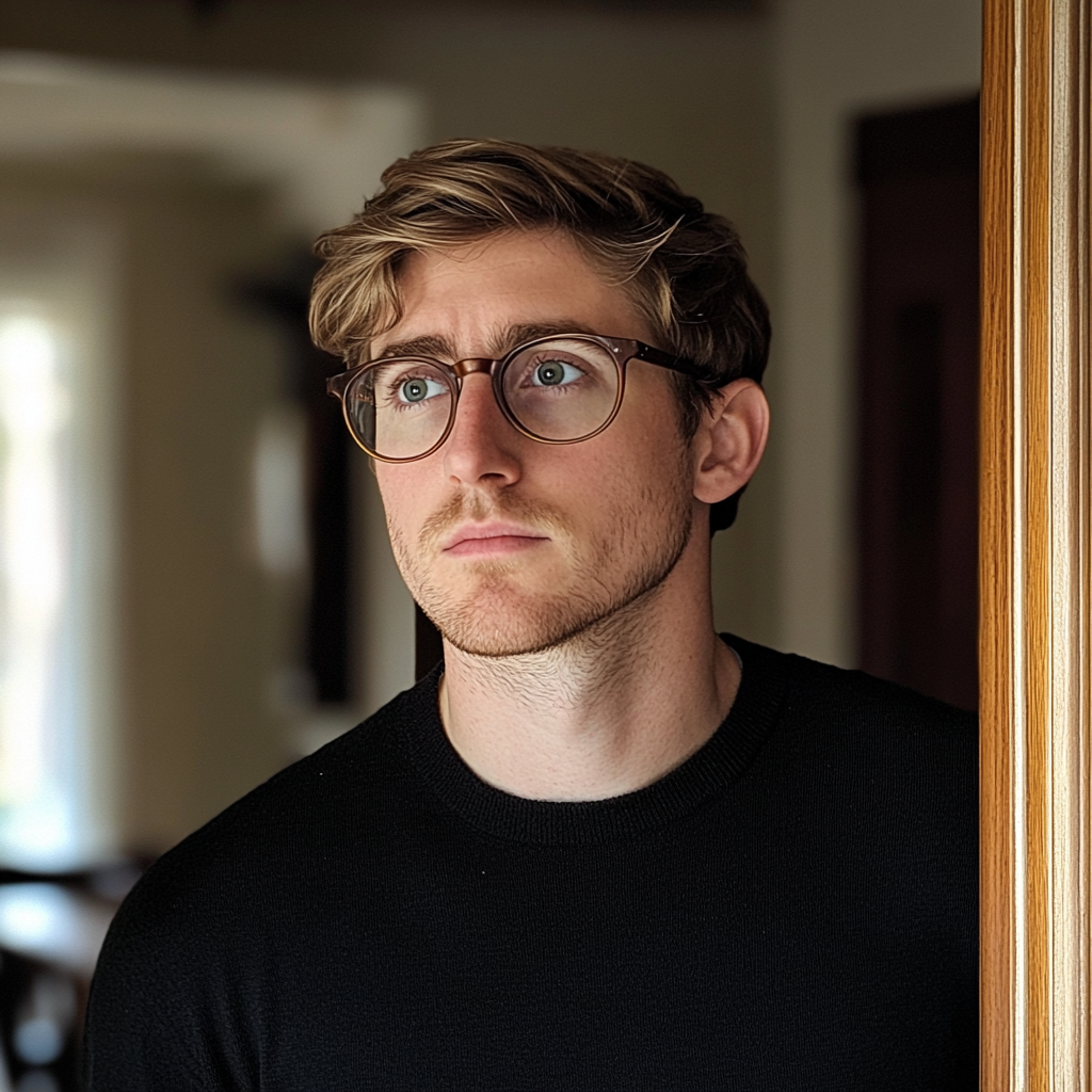Ein Mann mit Brille, der in einem Türrahmen steht | Quelle: Midjourney
