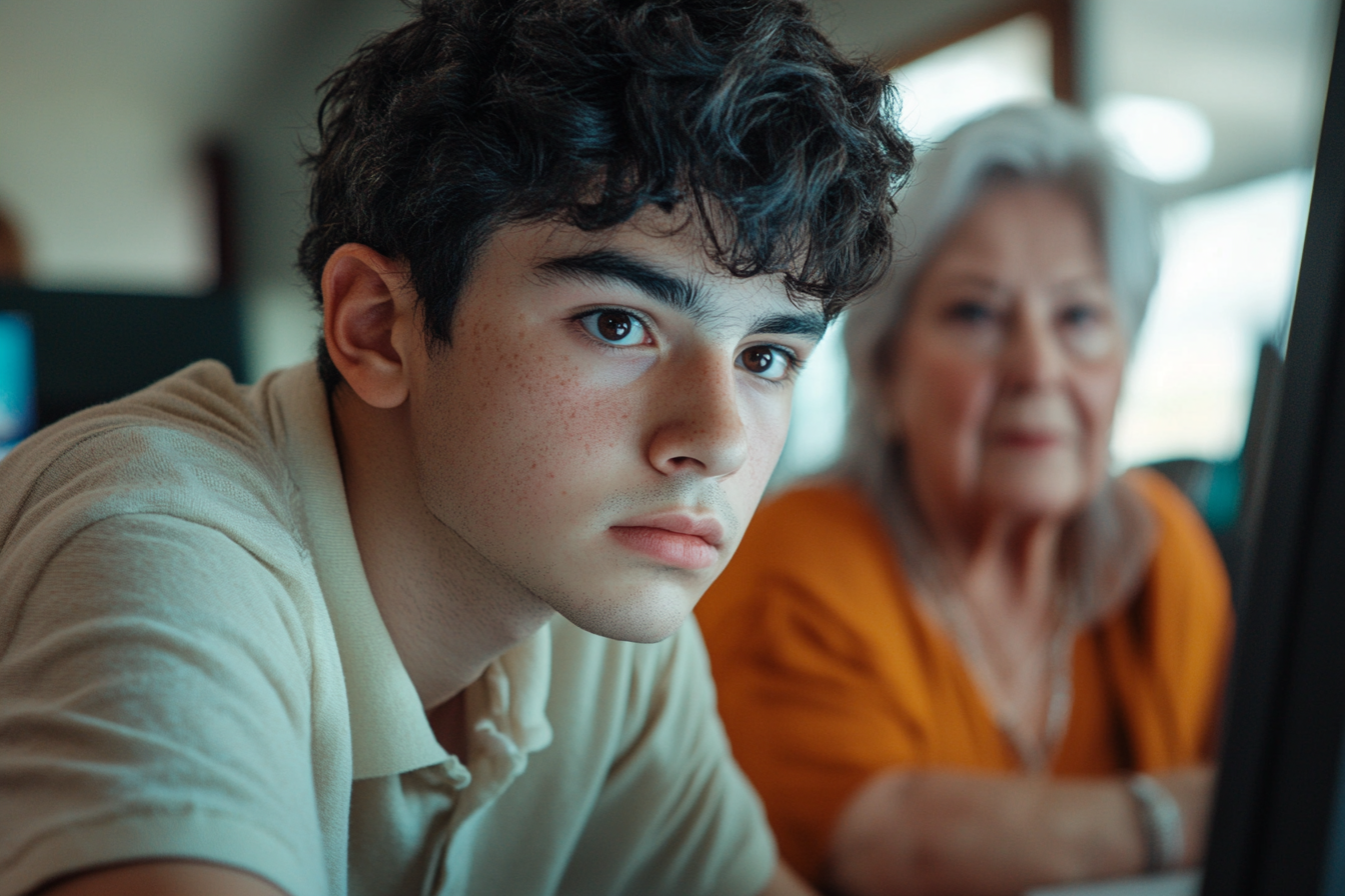 Ein Teenager benutzt den Computer, während eine ältere Frau ihn überblickt | Quelle: Midjourney