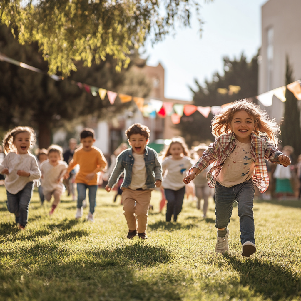 Kleine Kinder rennen auf einem Schulhof herum | Quelle: Midjourney