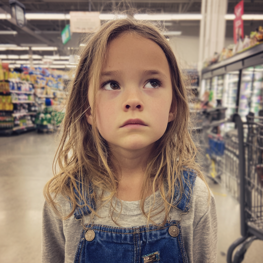Zaniepokojona dziewczynka stojąca w sklepie spożywczym | Źródło: Midjourney